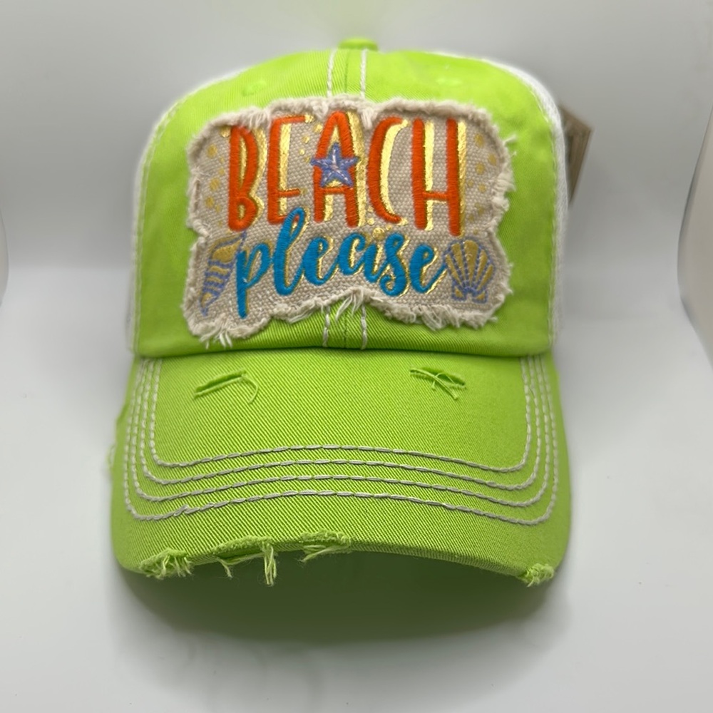 Lime Green Beach Please Distressed Ball Cap